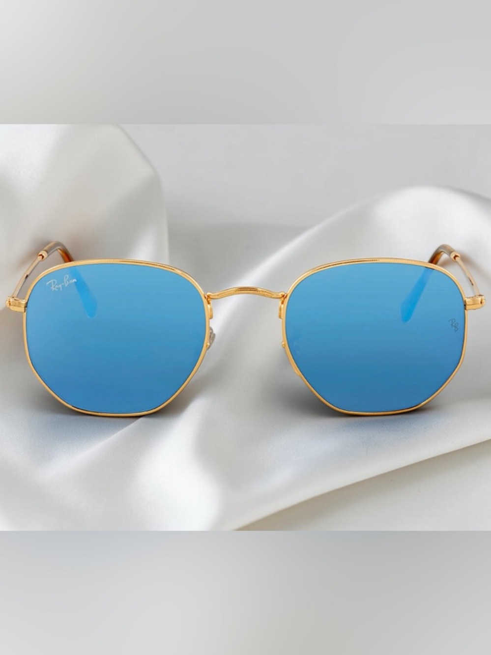 Ray-Ban RB3548N 001/90 51 Hexagonal Blue Lens Gold Frame Sunglasses